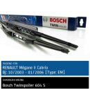 Bosch Scheibenwischer Renault Mégane II Cabrio [Type: EM], 10/2003 bis 01/2006, Twin Bügel-Scheibenwischer mit Spoiler, Set: vorne