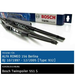 Bosch Scheibenwischer Alfa Romeo 156 Berlina [Type: 932], 10/1997 bis 12/2005, Twin Bügel-Scheibenwischer mit Spoiler, Set: vorne
