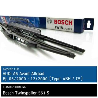 Bosch Scheibenwischer Audi A6 Avant Allroad [C5], 05/2000 bis 12/2000, Twin Bügel-Scheibenwischer mit Spoiler, Set: vorne