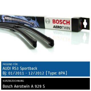 Bosch Scheibenwischer Audi RS3 Sportback [8PA], 01/2011 bis 12/2012, AeroTwin Flachbalken-Scheibenwischer, Set: vorne