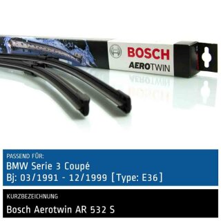 Bosch Scheibenwischer BMW Serie 3 Coupé [3er, E36], 03/1991 bis 12/1999, AeroTwin Flachbalken-Scheibenwischer, Set: vorne
