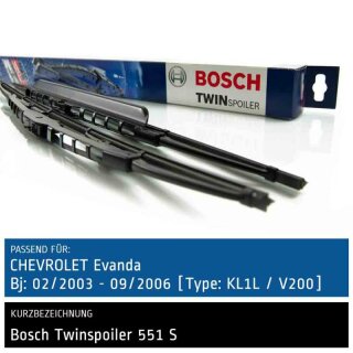Bosch Scheibenwischer Chevrolet Evanda [Type: KL1L/V200], 02/2003 bis 09/2006, Twin Bügel-Scheibenwischer mit Spoiler, Set: vorne