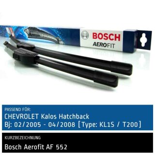 Bosch Scheibenwischer Chevrolet Kalos Hatchback [Type: KL1S/T200], 02/2005 bis 04/2008, AeroFit Flachbalken-Scheibenwischer, Set: vorne