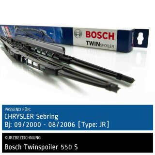 Bosch Scheibenwischer Chrysler Sebring [Type: JR], 09/2000 bis 08/2006, Twin Bügel-Scheibenwischer mit Spoiler, Set: vorne