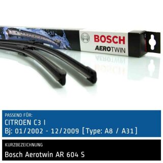 Bosch Scheibenwischer Citroen C3 I [Type: A8/A31], 01/2002 bis 12/2009, AeroTwin Flachbalken-Scheibenwischer, Set: vorne