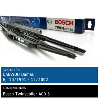 Bosch Scheibenwischer Daewoo Damas, 10/1991 bis 12/2002, Twin Bügel-Scheibenwischer mit Spoiler, 1 Frontwischer
