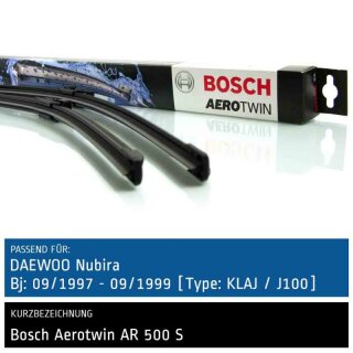 Bosch Scheibenwischer Daewoo Nubira [Type: KLAJ/J100], 09/1997 bis 09/1999, AeroTwin Flachbalken-Scheibenwischer, Set: vorne