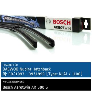 Bosch Scheibenwischer Daewoo Nubira Hatchback [Type: KLAJ/J100], 09/1997 bis 09/1999, AeroTwin Flachbalken-Scheibenwischer, Set: vorne