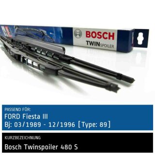 Bosch Scheibenwischer Ford Fiesta III [Type: 89], 03/1989 bis 12/1996, Twin Bügel-Scheibenwischer mit Spoiler, Set: vorne