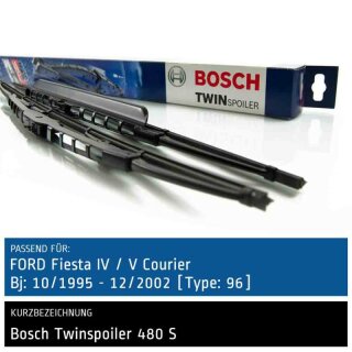 Bosch Scheibenwischer Ford Fiesta IV/V Courier [Type: 96], 10/1995 bis 12/2002, Twin Bügel-Scheibenwischer mit Spoiler, Set: vorne