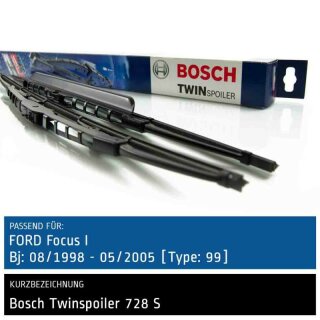 Bosch Scheibenwischer Ford Focus I [Type: 99], 08/1998 bis 05/2005, Twin Bügel-Scheibenwischer mit Spoiler, Set: vorne