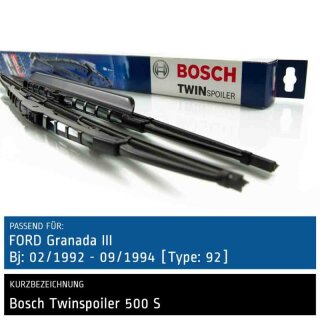 Bosch Scheibenwischer Ford Granada III [Type: 92], 02/1992 bis 09/1994, Twin Bügel-Scheibenwischer mit Spoiler, Set: vorne