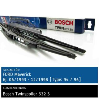 Bosch Scheibenwischer Ford Maverick [Type: 94/96], 06/1993 bis 12/1998, Twin Bügel-Scheibenwischer mit Spoiler, Set: vorne