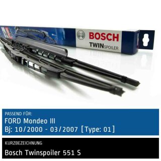 Bosch Scheibenwischer Ford Mondeo III [Type: 01], 10/2000 bis 03/2007, Twin Bügel-Scheibenwischer mit Spoiler, Set: vorne