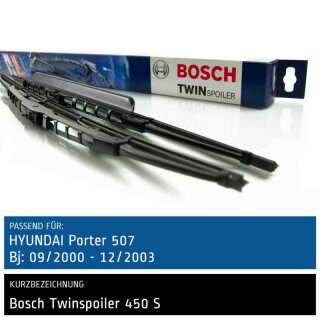 Bosch Scheibenwischer Hyundai Porter 507, 09/2000 bis 12/2003, Twin Bügel-Scheibenwischer mit Spoiler, Set: vorne
