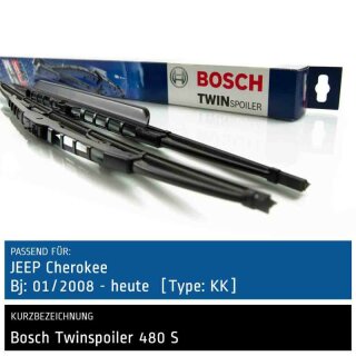 Bosch Scheibenwischer Jeep Cherokee [Type: KK], 01/2008 bis heute, Twin Bügel-Scheibenwischer mit Spoiler, Set: vorne