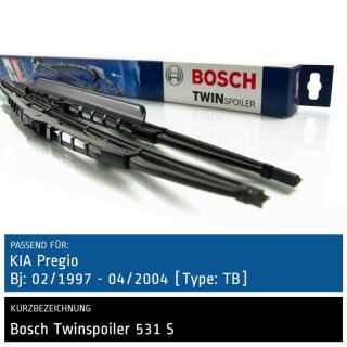 Bosch Scheibenwischer Kia Pregio [Type: TB], 02/1997 bis 04/2004, Twin Bügel-Scheibenwischer mit Spoiler, Set: vorne